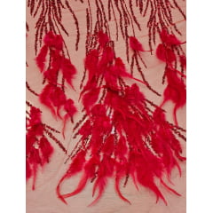 Tule Bordado Premium Com Pedrarias e Plumas Vermelho - Largura 1,40 m x Comprimento 0,87 cm
