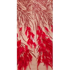 Tule Bordado Premium Com Pedrarias e Plumas Vermelho - Largura 1,40 m x Comprimento 0,87 cm