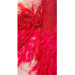 Tule Bordado Premium Com Pedrarias e Plumas Vermelho - Largura 1,40 m x Comprimento 0,87 cm