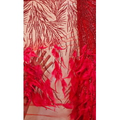 Tule Bordado Premium Com Pedrarias e Plumas Vermelho - Largura 1,40 m x Comprimento 0,87 cm