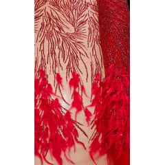 Tule Bordado Premium Com Pedrarias e Plumas Vermelho - Largura 1,40 m x Comprimento 0,87 cm