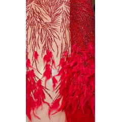 Tule Bordado Premium Com Pedrarias e Plumas Vermelho - Largura 1,40 m x Comprimento 0,87 cm
