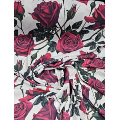 Alfaiataria Estampada Sarjada com Elastano Fundo Branco com Rosas - Largura 1,47 m x Comprimento 1,40 m 