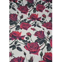 Alfaiataria Estampada Sarjada com Elastano Fundo Branco com Rosas - Largura 1,47 m x Comprimento 1,40 m 