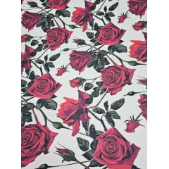 Alfaiataria Estampada Sarjada com Elastano Fundo Branco com Rosas - Largura 1,47 m x Comprimento 1,40 m 
