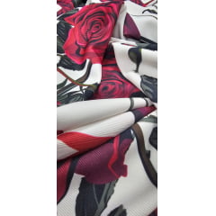 Alfaiataria Estampada Sarjada com Elastano Fundo Branco com Rosas - Largura 1,47 m x Comprimento 1,40 m 