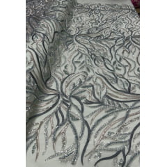 Tule Bordado com Pedrarias Multicolor Verde Cerâmica HS2625  - Largura 1,30 m x Comprimento 0,80 cm