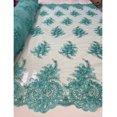 Tule Bordado Europa Flores Verde Tiffany Com Fio Metálico Modelo 35 - Largura 1,30 m x Comprimento 2,50 m 