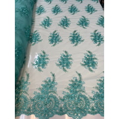 Tule Bordado Europa Flores Verde Tiffany Com Fio Metálico Modelo 35 - Largura 1,30 m x Comprimento 2,50 m 