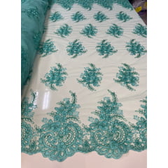 Tule Bordado Europa Flores Verde Tiffany Com Fio Metálico Modelo 35 - Largura 1,30 m x Comprimento 2,50 m 