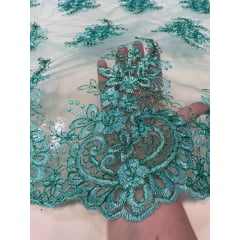 Tule Bordado Europa Flores Verde Tiffany Com Fio Metálico Modelo 35 - Largura 1,30 m x Comprimento 2,50 m 