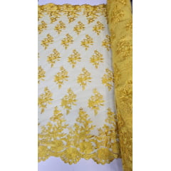 Tule Bordado com Bico Amarelo Ouro  13  - Largura 1,35 m x Comprimento 1,40 m