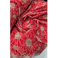 Layse Bordada Bicolor Margaridas Fundo Vermelho com Bordado Kaki - Largura 1,30 m x Comprimento 2,70 m 