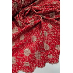 Layse Bordada Bicolor Margaridas Fundo Vermelho com Bordado Kaki - Largura 1,30 m x Comprimento 2,70 m 