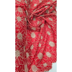Layse Bordada Bicolor Margaridas Fundo Vermelho com Bordado Kaki - Largura 1,30 m x Comprimento 2,70 m 