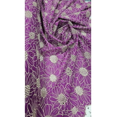 Layse Bordada Bicolor Margaridas Fundo Fucsia com Bordado Kaki - Largura 1,30 m x Comprimento 2 m