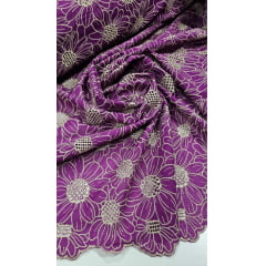 Layse Bordada Bicolor Margaridas Fundo Fucsia com Bordado Kaki - Largura 1,30 m x Comprimento 2 m