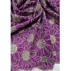 Layse Bordada Bicolor Margaridas Fundo Fucsia com Bordado Kaki - Largura 1,30 m x Comprimento 2 m
