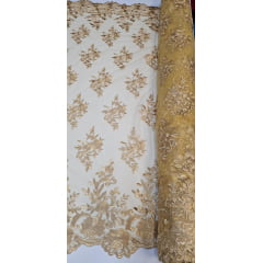 Tule Bordado com Bico Dourado 13 - Largura 1,35 m x Comprimento 0,50 cm
