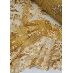 Tule Bordado com Bico Dourado 13 - Largura 1,35 m x Comprimento 0,50 cm