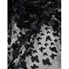 Tule Bordado Borboletas 3D Preta com Foil Prata - Largura 1,35 m x Comprimento 0,90 cm