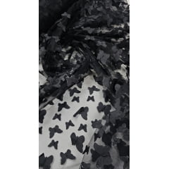 Tule Bordado Borboletas 3D Preta com Foil Prata - Largura 1,35 m x Comprimento 0,90 cm