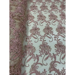 Tule Bordado Pedraria Premium Dubai Rosê Claro - Largura 1,38 m x Comprimento  0,60 cm