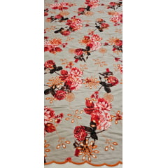 Layse Bordada Premium Estampada Laranja e Kaki Coleção 2024 - Largura 1,38 m x Comprimento 4 m 