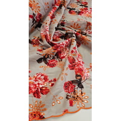 Layse Bordada Premium Estampada Laranja e Kaki Coleção 2024 - Largura 1,38 m x Comprimento 4 m 
