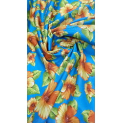 Chitão Estampado Fundo Azul Flores Amarelas STC - Largura 1,40 m x Comprimento 0,80 cm