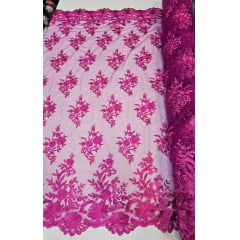 Tule Bordado com Bico Fúcsia 13  - Largura 1,35 m x Comprimento 0,50 cm