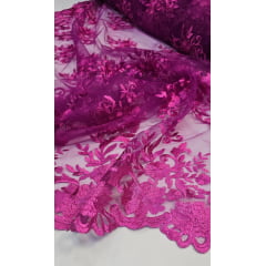 Tule Bordado com Bico Fúcsia 13  - Largura 1,35 m x Comprimento 0,50 cm