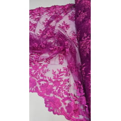 Tule Bordado com Bico Fúcsia 13  - Largura 1,35 m x Comprimento 0,50 cm