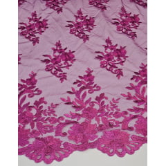 Tule Bordado com Bico Fúcsia 13  - Largura 1,35 m x Comprimento 0,50 cm