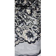 Renda Bordada Cayene Preto com Fio Metálico Dourado - Largura 1,35 m x Comprimento 0,55 cm