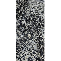Renda Bordada Cayene Preto com Fio Metálico Dourado - Largura 1,35 m x Comprimento 0,55 cm