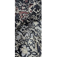 Renda Bordada Cayene Preto com Fio Metálico Dourado - Largura 1,35 m x Comprimento 0,55 cm