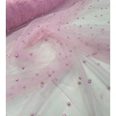 Tule Iluzione com Pérolas Rosa Bebê - Largura 1,60 m x Comprimento 0,80 cm