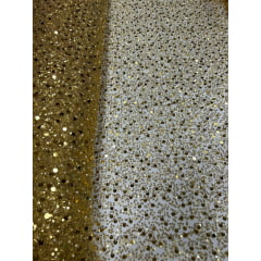 Tule Bordado com Paetês e Pedrarias Dourado Escuro - Largura 1,30 m x Comprimento 0,35 cm