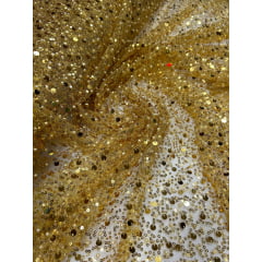 Tule Bordado com Paetês e Pedrarias Dourado Escuro - Largura 1,30 m x Comprimento 0,35 cm