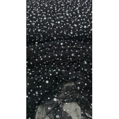 Tule Party Fundo Preto com Strass Prata - Largura 1,40 m x Comprimento 0,70 cm