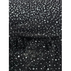 Tule Party Fundo Preto com Strass Prata - Largura 1,40 m x Comprimento 0,70 cm