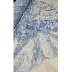 Tule Bordado Arabescos com Bico LS2321 AZUL SERENITY - Largura 1,30 m x Comprimento 3 m