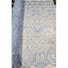 Tule Bordado Arabescos com Bico LS2321 AZUL SERENITY - Largura 1,30 m x Comprimento 3 m