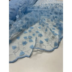 Tule Bordado 3D Floral Azul com Paetês Transparentes - Largura 1,30 m x Comprimento 2,50 m 