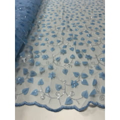 Tule Bordado 3D Floral Azul com Paetês Transparentes - Largura 1,30 m x Comprimento 2,50 m 