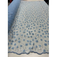Tule Bordado 3D Floral Azul com Paetês Transparentes - Largura 1,30 m x Comprimento 2,50 m 