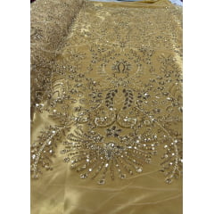 Tule Bordado com Pedrarias Dourado 4079 - Largura 1,30 x Comprimento 1,40 m 