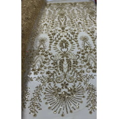 Tule Bordado com Pedrarias Dourado 4079 - Largura 1,30 x Comprimento 1,40 m 
