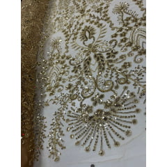 Tule Bordado com Pedrarias Dourado 4079 - Largura 1,30 x Comprimento 1,40 m 